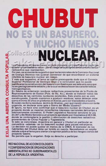 Chubut, No es basurero. Y mucho menos nuclear; 1996; 37x58cm; Red Nacional de Accion Ecologista